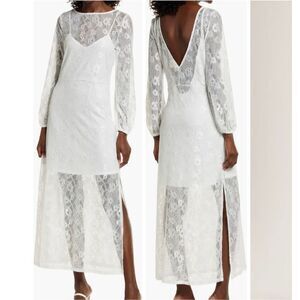 Open Edit Sheer Lace Long Sleeve Maxi Dress in ivory stretch size XXS NWT